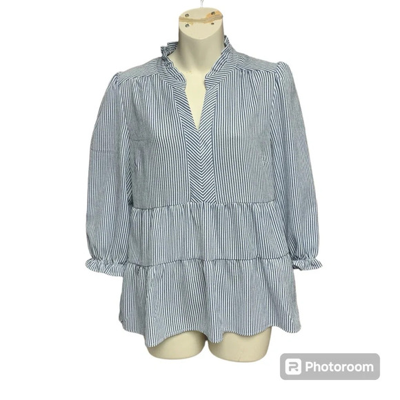 Monteau Los Angeles blue/white seersucker blouse size large mandarin collar - Picture 1 of 7